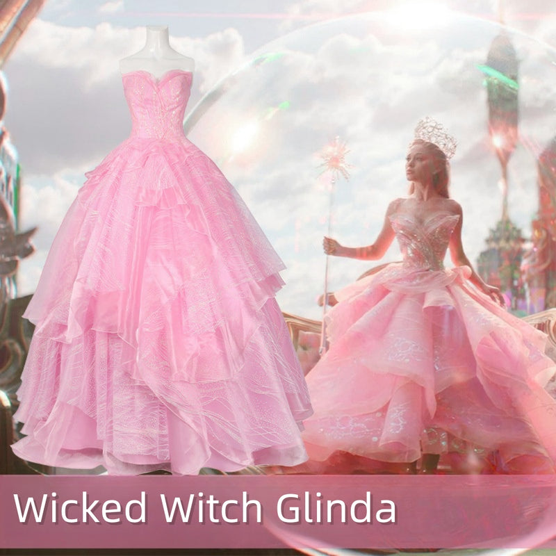 【New Arrival】Xcoser Wicked Part One Glinda Cosplay Formal Dress with Crown Earings Role-Play Costume